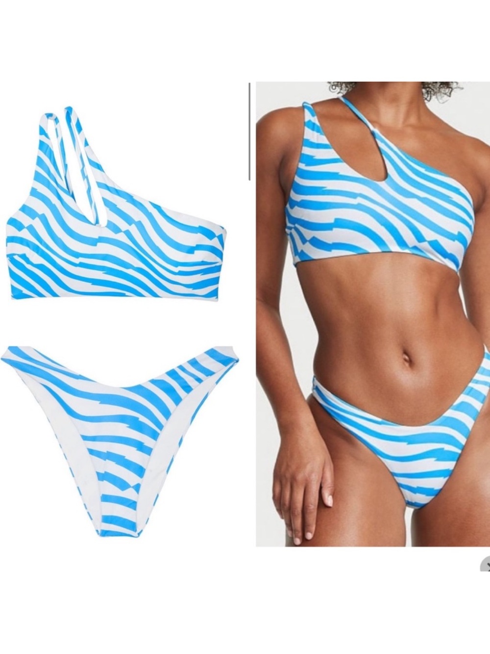 Victoria Secret One-Shoulder Blue & White Zebra Swim Top and High Waisted Bottom